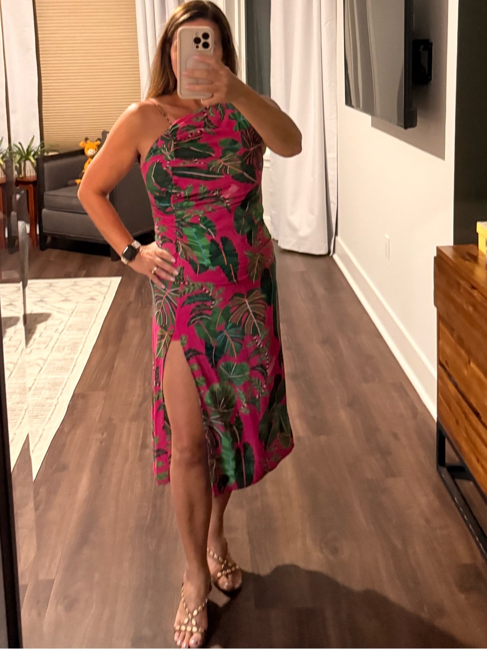 FARM Rio One-Shoulder Pink Tropical Midi Dress